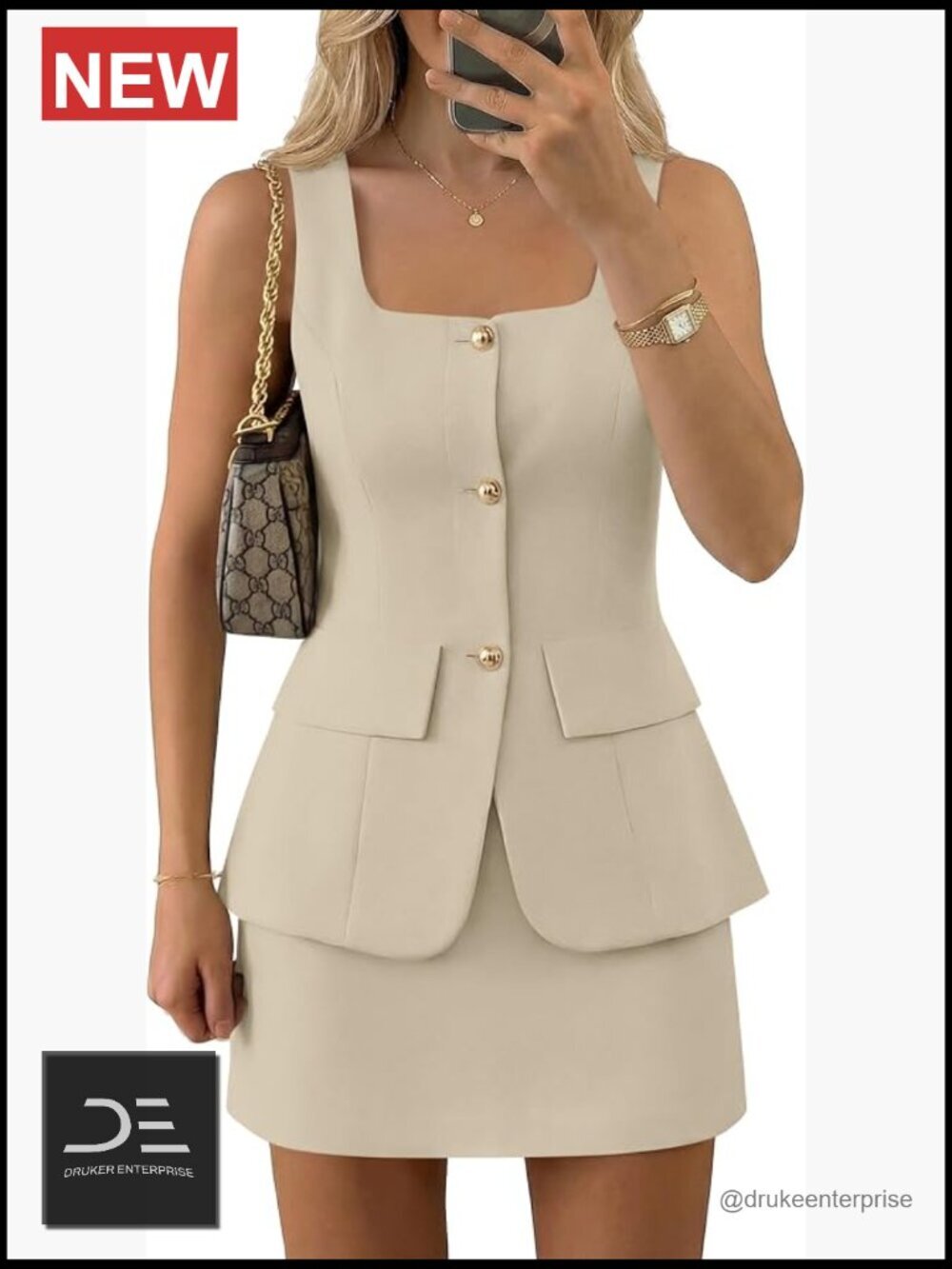 2 Piece Sleeveless Blazer Vest Top & Skirt Set